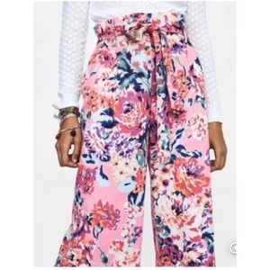 ZARA bold pink flower print wide leg paper bag waist pants XS